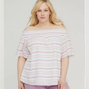 NWT LANE BRYANT SMOCKED OFF THE SHOULDER TOP 18/20 pink, white and purple color